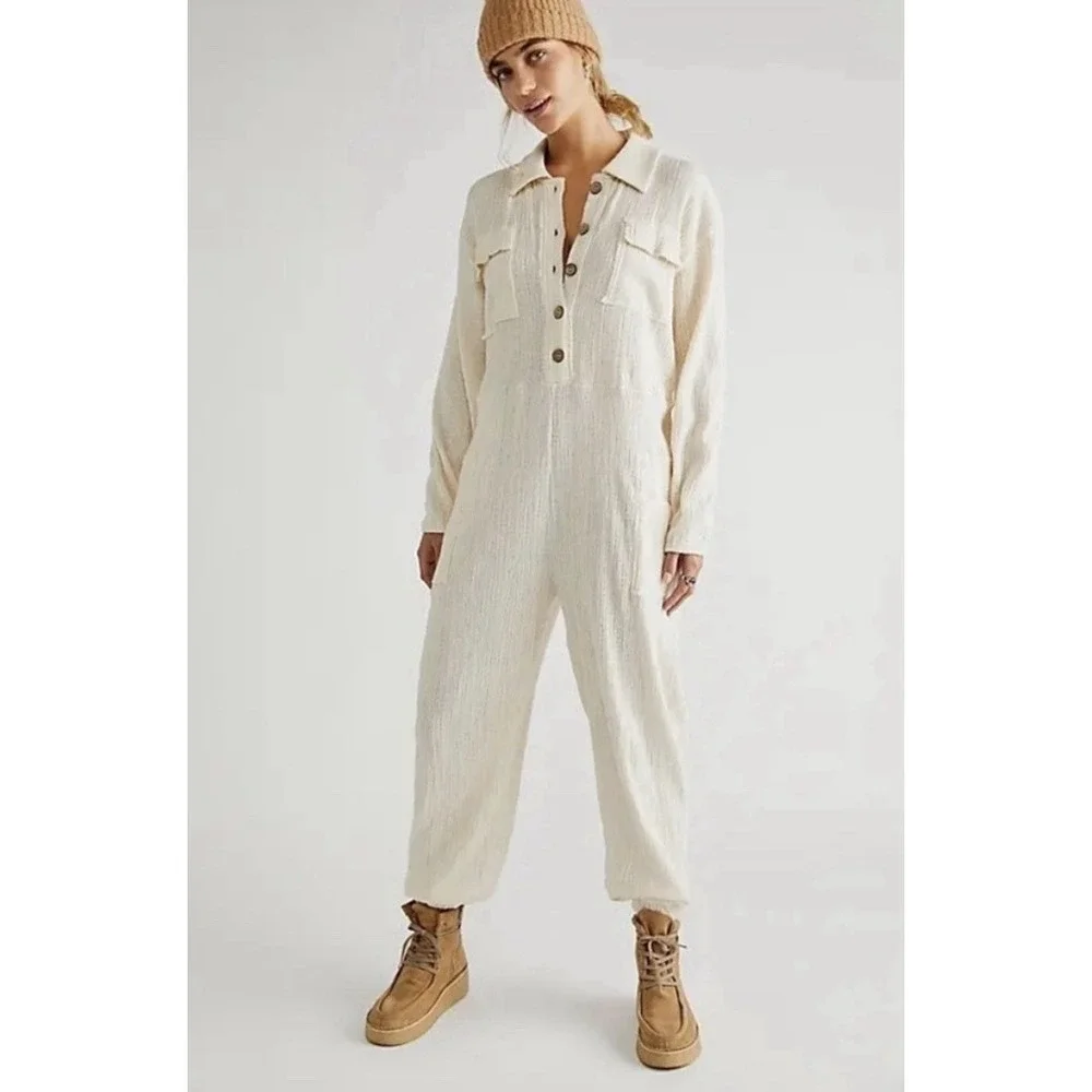 Free People FB Beach Jumpsuit Size Large Ivory Gauzy Side Pockets overized